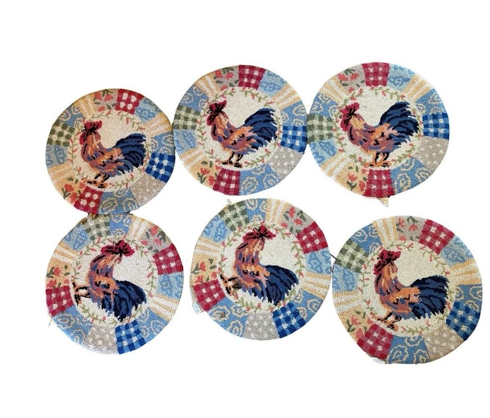 Vintage (6) 123 Creations Rooster Chair Pads Hand Hooked Wool 15" Round Rug Farm